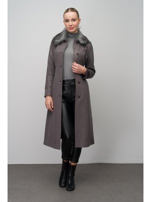 Gri Yakası Çıkabilir Kürklü İşleme Detaylı Gabardin Süet Görünümlü Kap