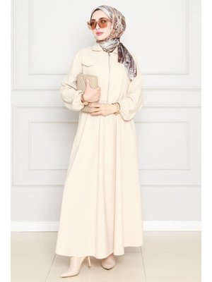 Bej Cepken Detaylı Fermuarlı Elbise Takım