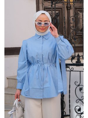 Açık Mavi Pile Detay Önü Gizli Düğmeli Gömlek