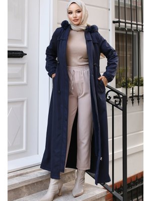 Lacivert İçi Peluşlu Yakası Kürklü Uzun Bondit Mont