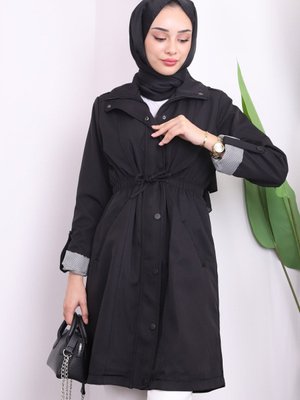 Siyah Cepli Ön Fermuarlı Trençkot Siyah Cepli Ön Fermuarlı Trençkot