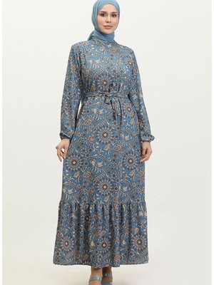 Desenli Kuşaklı Elbise İndigo Desenli Kuşaklı Elbise İndigo