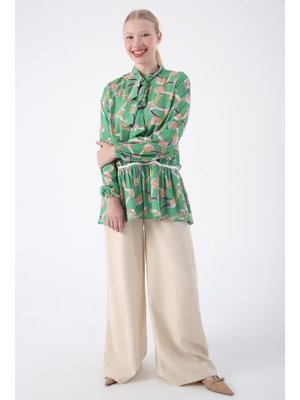 Yakası Fularlı Desenli Viskon Tunik Yeşil Lila