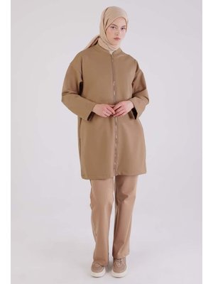 Koyu Bej Fermuarlı Kolej Yakalı Ceket
