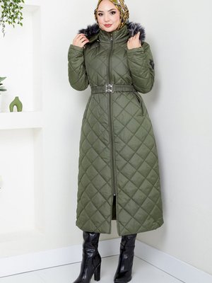 Kapşonu Kürklü Kapitone Kaban M Haki