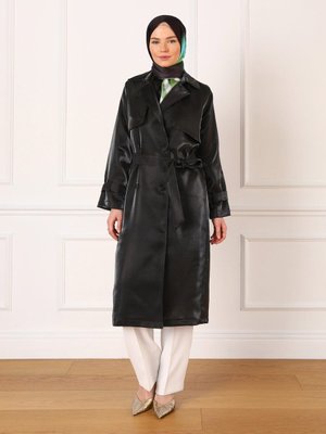 Parlak Kumaş Trençkot Siyah