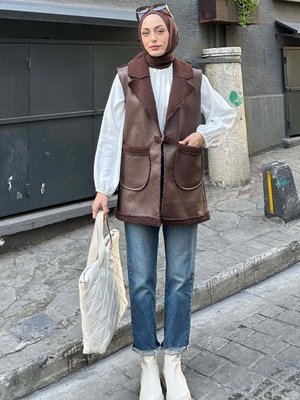 Garnili I?çi Kürk Detaylı Deri Yelek