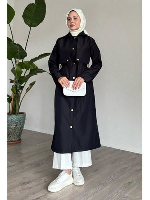 Nalyes Kapaklı Kuşaklı Lacivert Trenç