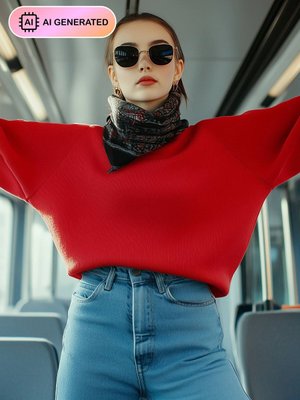 Pamuklu Oversize Örme Tişört Sweatshirt Kırmızı Pamuklu Oversize Örme Tişört Sweatshirt Kırmızı