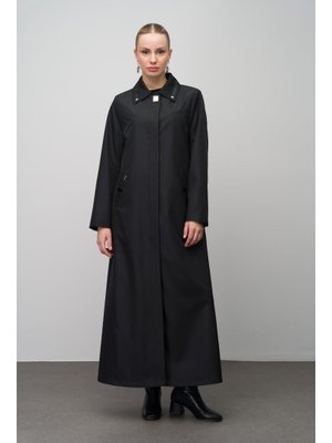 Siyah Gömlek Yaka Deri Ve Metal Aksesuarlı Büyük Beden Astarlı Trenç Pardesü