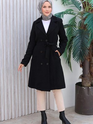 Siyah Düğme Detaylı Kaşe Kaban