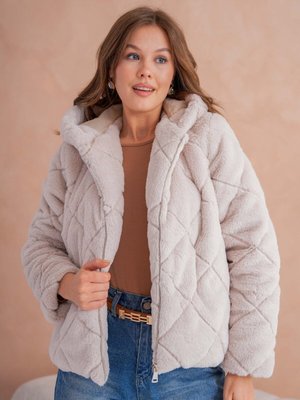 Bej Astarlı Kapüşonlu Peluş Mont Bej Astarlı Kapüşonlu Peluş Mont