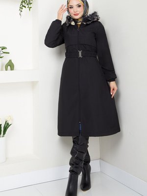 Bolero Detaylı Kürklü Kaban M Siyah