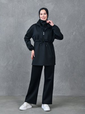 Dalgıç Kumaş Cep Detaylı Fermuarlı Oversize Giyim Siyah Eşofman Takımı