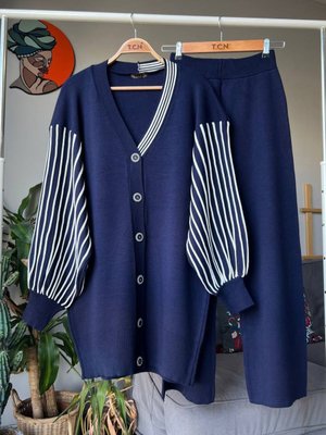 Lacivert Standart Beden Triko Kolları Çizgili Hırka Pantolon Alt Üst İkili Takım