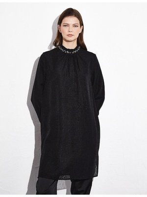 Soyut Desen Taş Işlemeli Dik Yaka Tunik Siyah