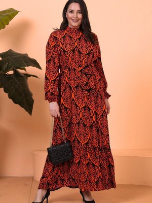 Yazlik Kadin Tesettur Giyim Buyuk Beden Piliseli Elbise Turuncu