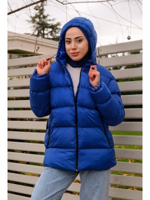 Mavi Çift Cep Kapüşonlu Mont