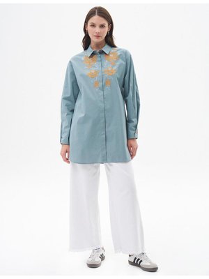 Nakış Işlemeli Poplin Tunik Mint