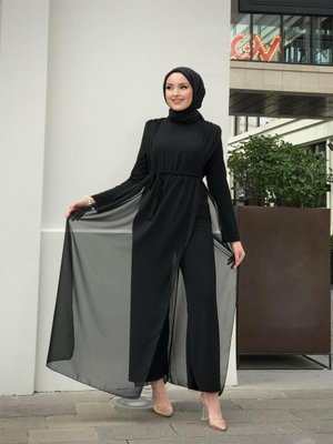 Tül Detaylı Beli Kuşaklı Tulum Siyah Tül Detaylı Beli Kuşaklı Tulum Siyah
