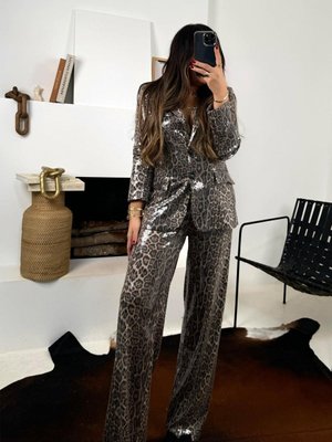 Siyah Leopar Payetli Pantolon