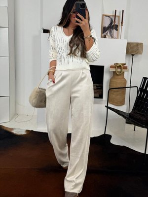 Ekru Arka Bel Lastikli Güderi Bol Paça Pantolon