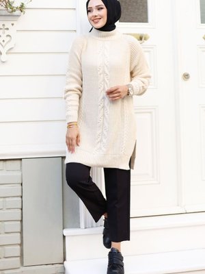 Hakim Yaka Saç Örgü Desenli Triko Tunik Bej
