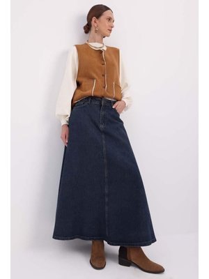 Mavi Cepli Patletli Denim Etek