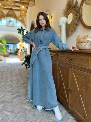Premium Kalite Kot Fermuar Ve Kemer Detaylı Denim Elbise Premium Kalite Kot Fermuar Ve Kemer Detaylı Denim Elbise