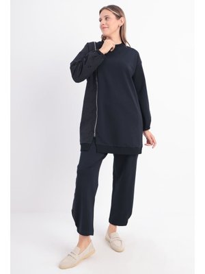 Lacivert Büyük Beden Fisto Garnili Pantolonlu Takım