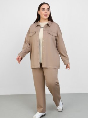 Koyu Vizon Yumuşak Dokulu Cep Detaylı Çıtçıtlı Büyük Beden Takım