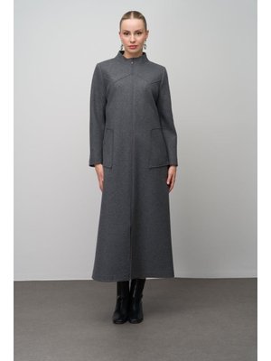 Antrasit Taş Detaylı Büyük Beden Yün Karışımlı Uzun Kap