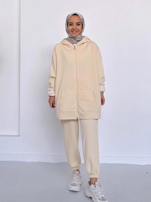 Kapüşonlu Şardonlu Eşofman Takımı Krem