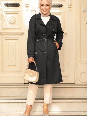 Kemerli Süet Siyah Trençkot