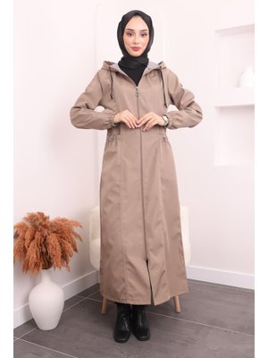 Vizon Kapüşonlu Kol Lastikli Uzun Trençkot