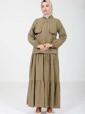 Haki Kolu Lastikli Fermuarlı Ceket Elbise