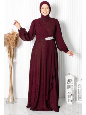 Bordo Şehrazat Simli Büyük Beden Abiye