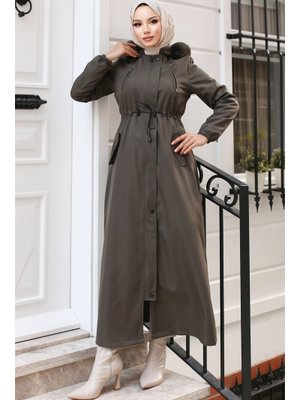 Haki İçi Peluşlu Yakası Kürklü Uzun Bondit Mont