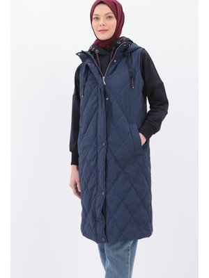 İndigo Kapüşonlu Kapitone Yelek