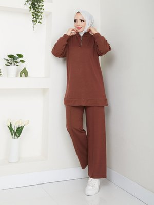 Kahve Fermuarlı Büyük Beden Eşofman Oyhso Takımı