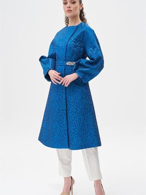 Jakarlı Animal Print Desen Kobalt Mavi Ceket Jakarlı Animal Print Desen Kobalt Mavi Ceket