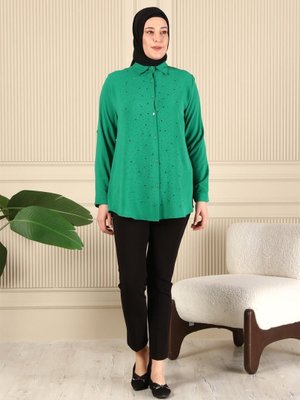 Yeşil Kadin Tesettur Giyim Buyuk Beden Tunik Gömlek Tas Baskili