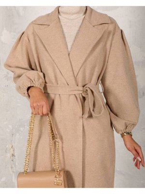 Bej Kol Büzgülü Kuşaklı Astarsız Kaşe Kaban