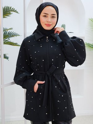 Taş Detay Bel Bağlamalı Ceket Siyah Taş Detay Bel Bağlamalı Ceket Siyah