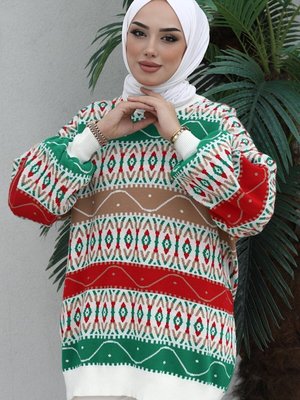 Modest Triko Desenli Salaş Kışlık Şık Balon Kollu Tarz Tunik Modest Triko Desenli Salaş Kışlık Şık Balon Kollu Tarz Tunik