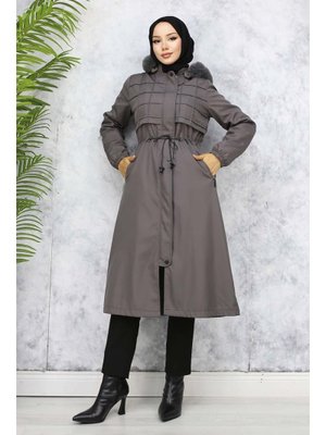Antrasit İçi Peluşlu Yakası Kürklü Bondit Mont