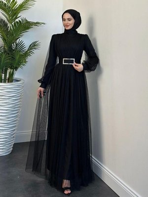 Moreno Tül Kemerli Abiye Elbise Siyah Moreno Tül Kemerli Abiye Elbise Siyah