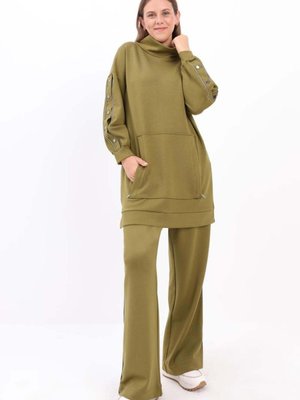 Haki Kolları Çıtçıtlı Sim Detaylı Eşofman Takımı