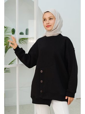 Siyah Ön Düğme Detay Oversize Sweat Siyah Ön Düğme Detay Oversize Sweat