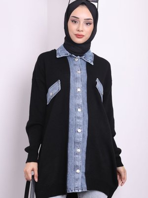 Siyah Kot Detaylı Düğmeli Triko Hırka